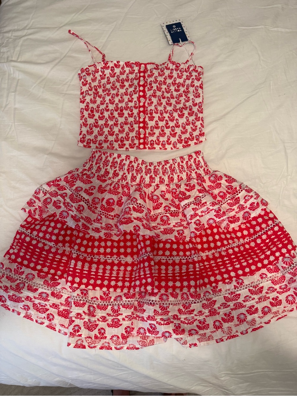 Roller Rabbit Red and White Floral Crop Top & Tiered Skirt Set